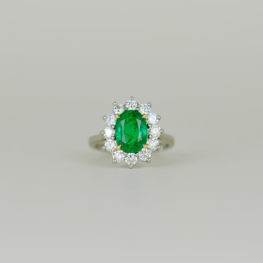 Platinum 2.22ct Oval Zambian Emerald & Diamond Cluster Ring