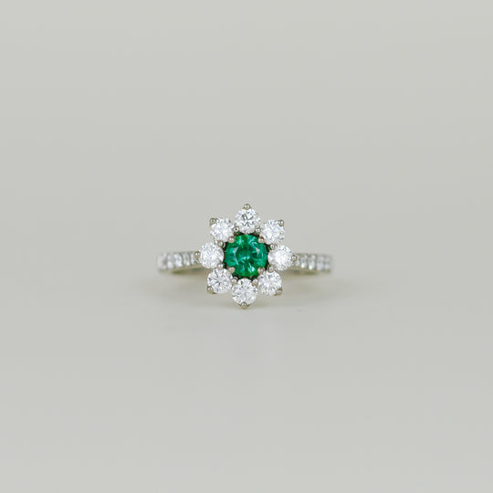 18ct White Gold 0.36ct Round Emerald and Diamond Cluster Ring