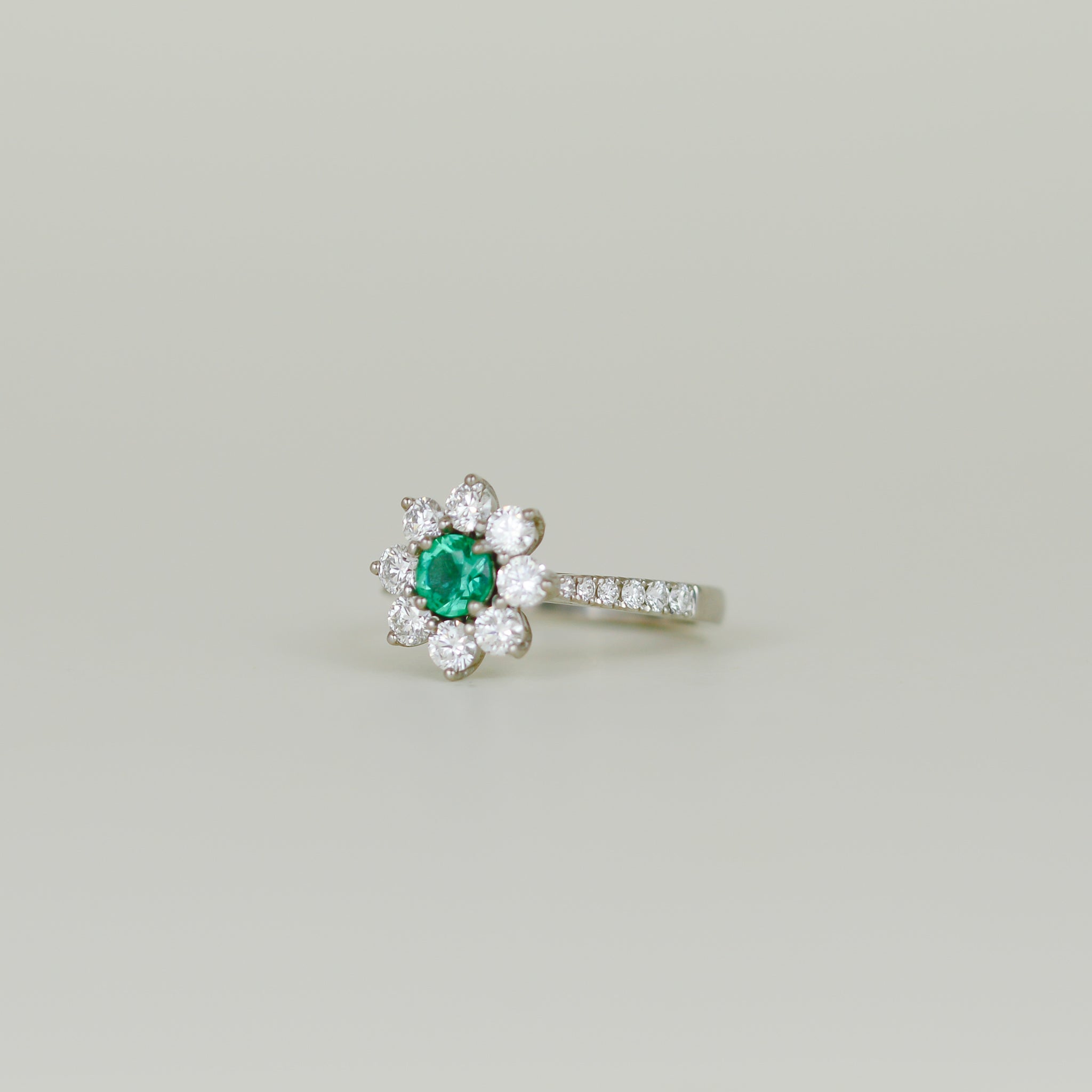 18ct White Gold 0.36ct Round Emerald and Diamond Cluster Ring