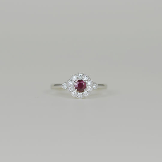 18ct White Gold 0.27ct Round Ruby and Diamond Cluster Ring