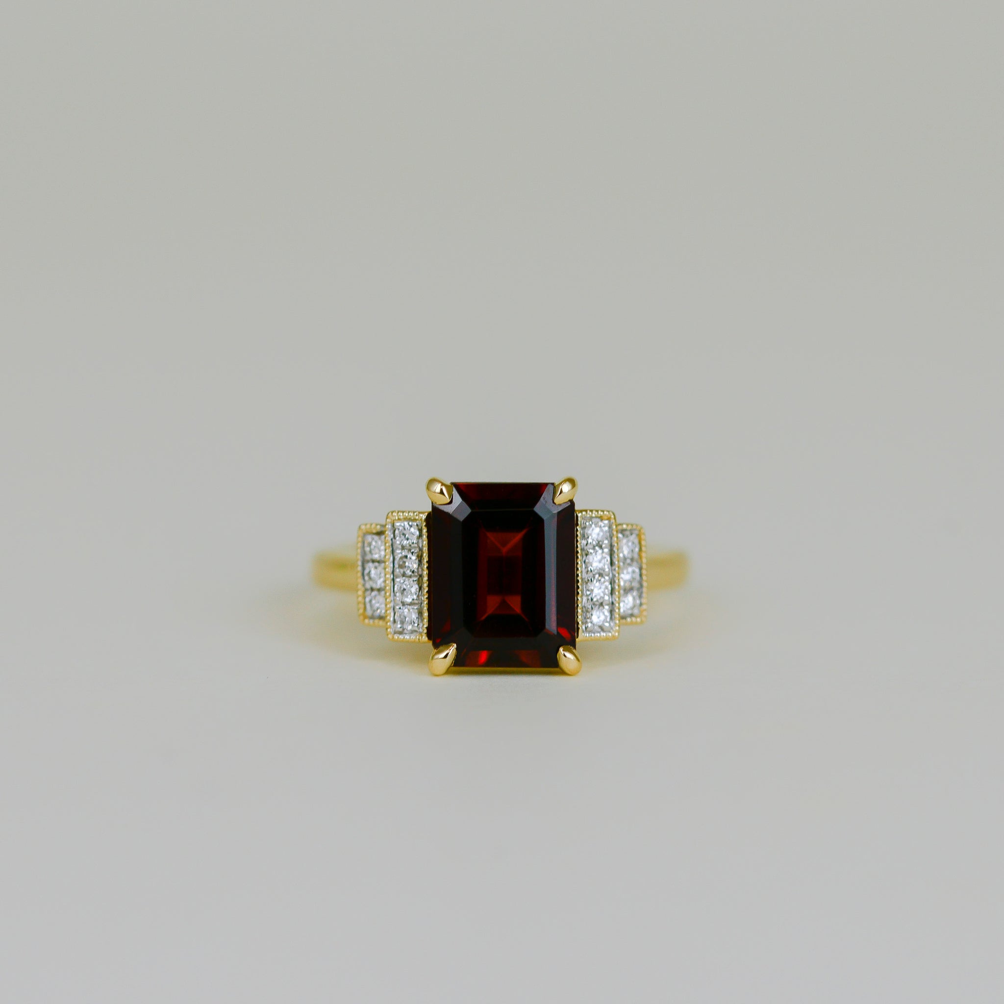 9ct Yellow Gold 2.53ct Emerald Cut Garnet and Diamond Art Deco Ring