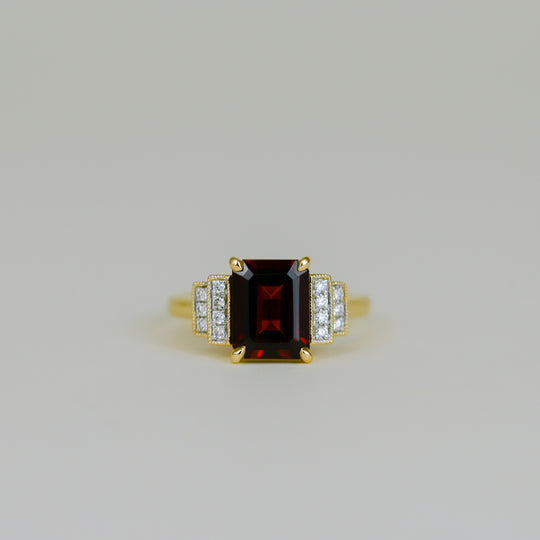 9ct Yellow Gold 2.88ct Emerald Cut Garnet and Diamond Art Deco Ring