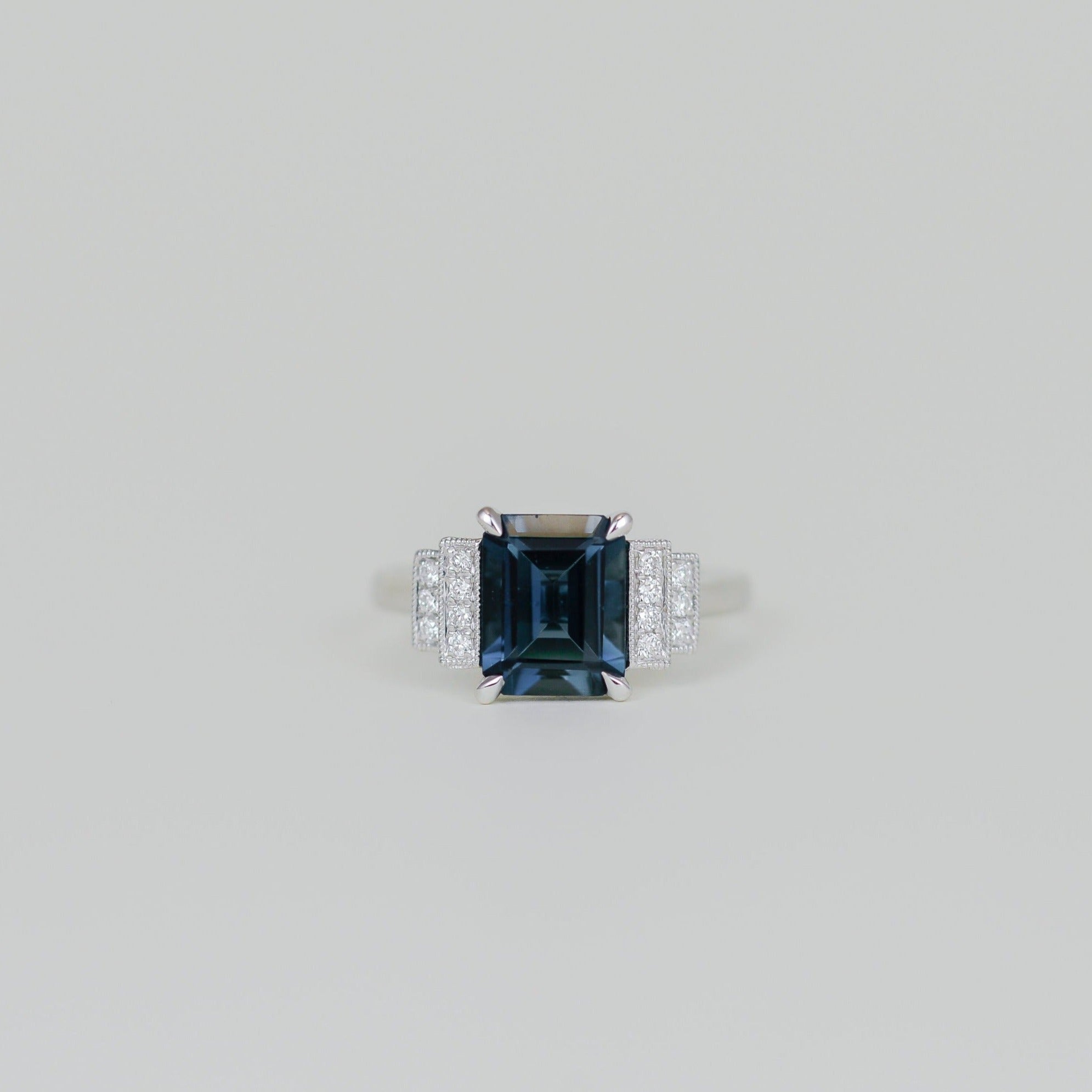 9ct White Gold 2.58ct Emerald Cut Blue Topaz and Diamond Art Deco Ring