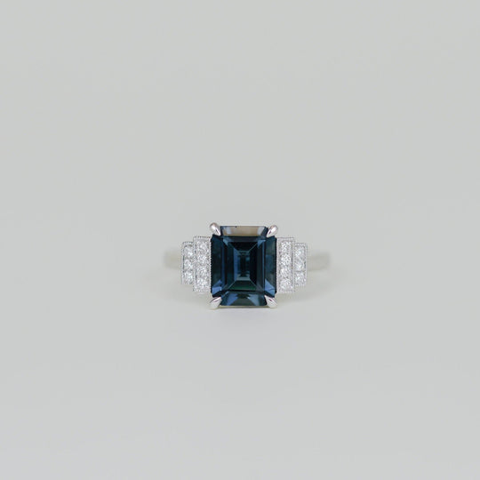 9ct White Gold 3.21ct Emerald Cut London Blue Topaz and Diamond Art Deco Ring
