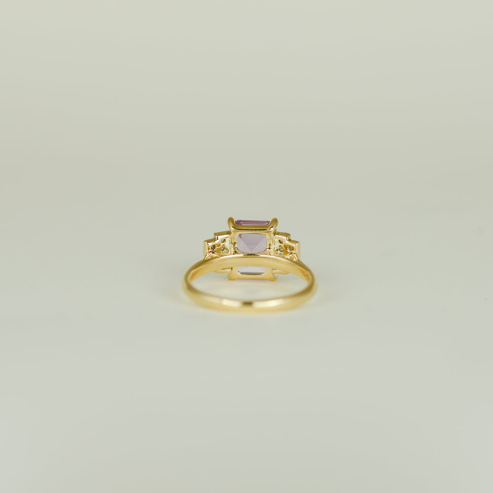 9ct Yellow Gold 2.30ct Emerald Cut Amethyst and Diamond Art Deco Ring