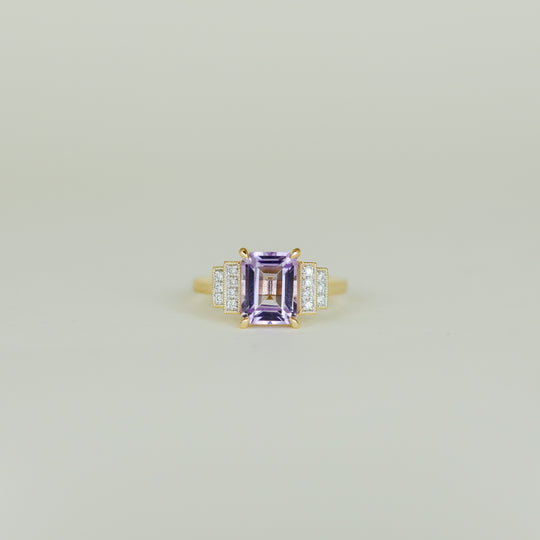 9ct Yellow Gold 2.30ct Emerald Cut Amethyst and Diamond Art Deco Ring