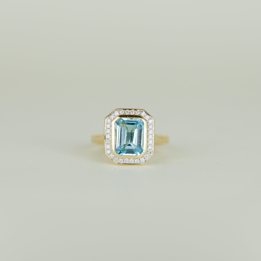 9ct Yellow Gold 2.97ct Emerald Cut Blue Topaz and Diamond Art Deco Cluster Ring