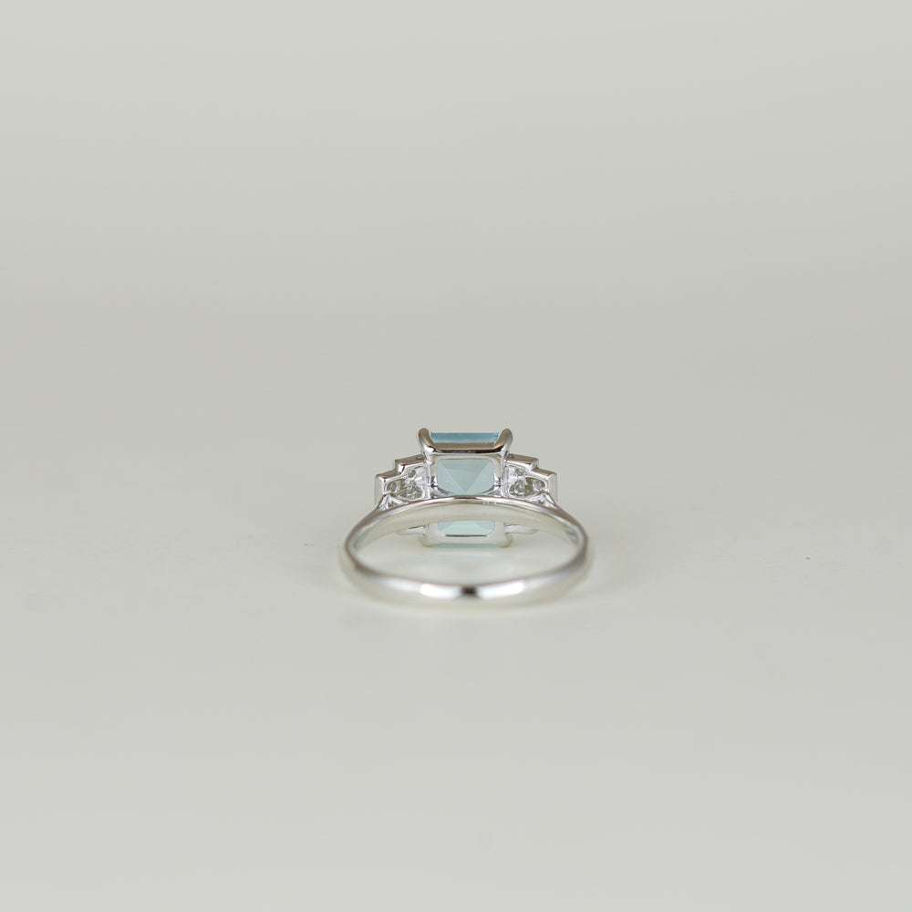 9ct White Gold 2.52ct Emerald Cut Blue Topaz and Diamond Art Deco Dress Ring