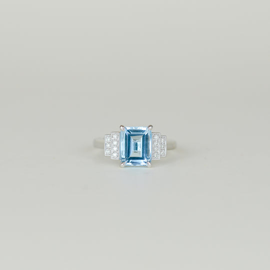 9ct White Gold 2.67ct Emerald Cut Blue Topaz and Diamond Art Deco Dress Ring