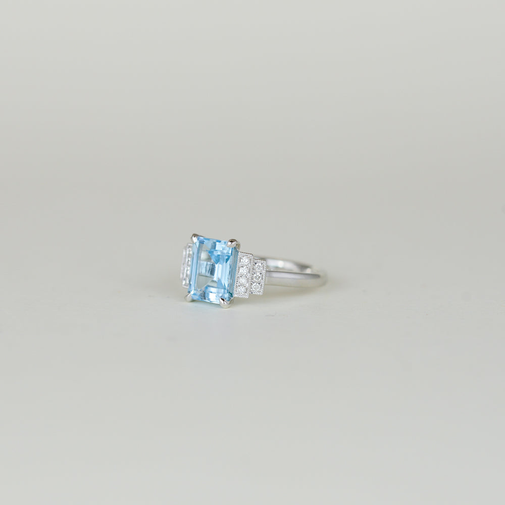 9ct White Gold 2.52ct Emerald Cut Blue Topaz and Diamond Art Deco Dress Ring