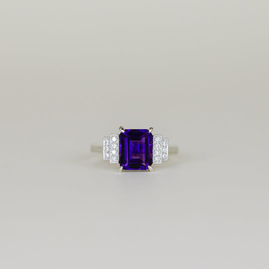 9ct White Gold 2.18ct Emerald Cut Amethyst and Diamond Art Deco Ring