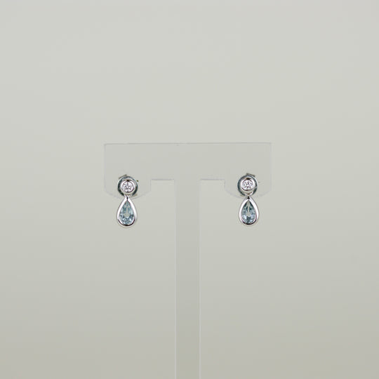 9ct White Gold 0.50ct Pear Cut Blue Topaz and Diamond Drop Stud Earrings
