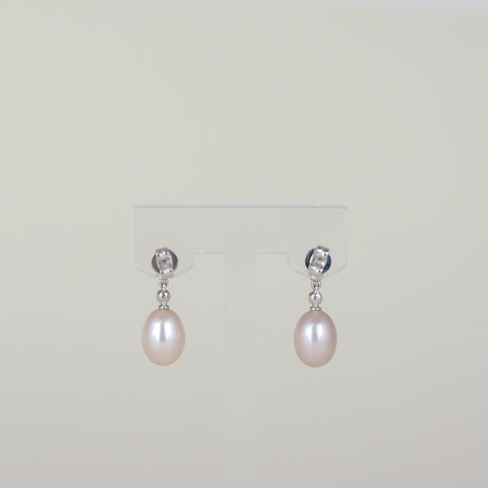 18ct White Gold Pink Freshwater Pearl and Diamond Drop Stud Earrings