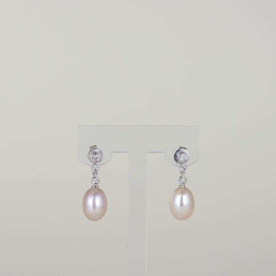 18ct White Gold Pink Freshwater Pearl and Diamond Drop Stud Earrings