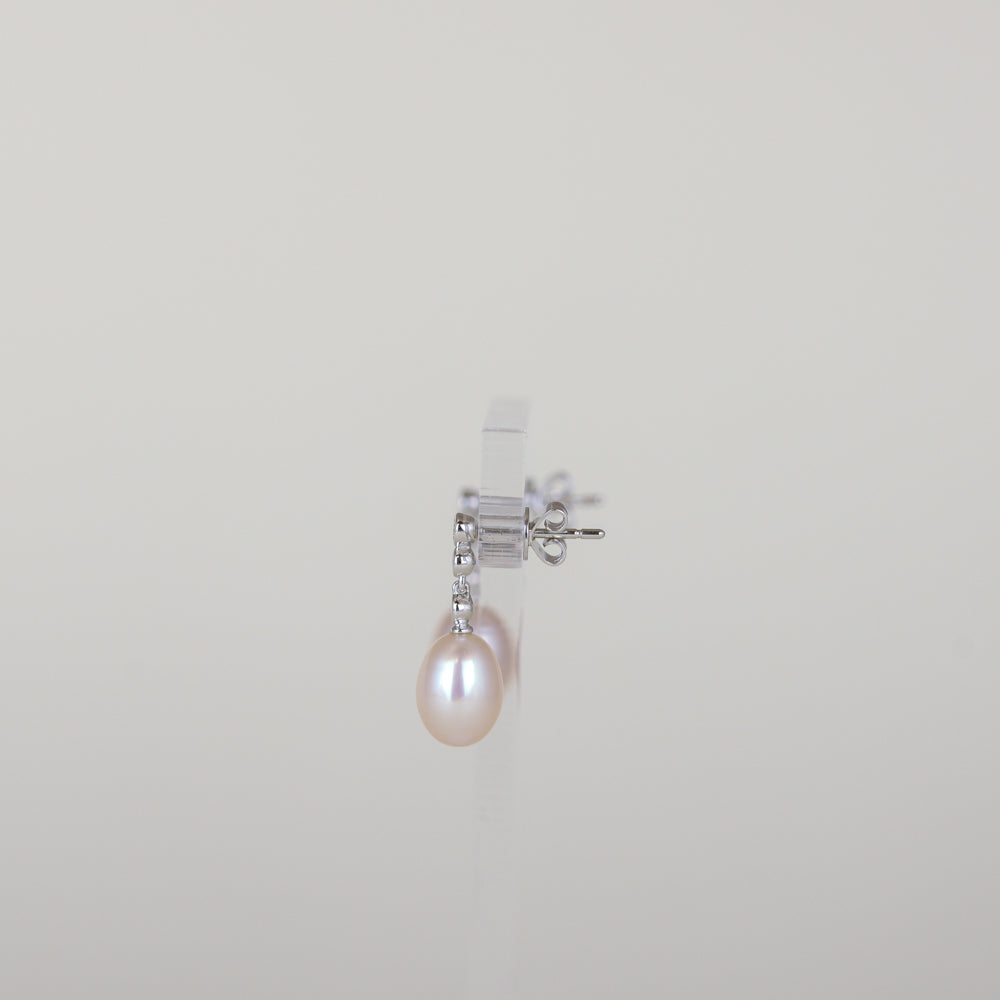 18ct White Gold Pink Freshwater Pearl and Diamond Drop Stud Earrings