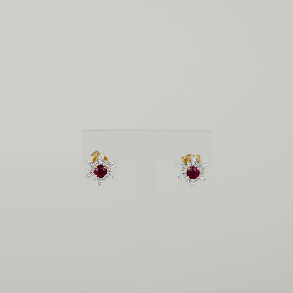 18ct Yellow Gold 0.45ct Round Ruby and Diamond Floral Cluster Stud Earrings