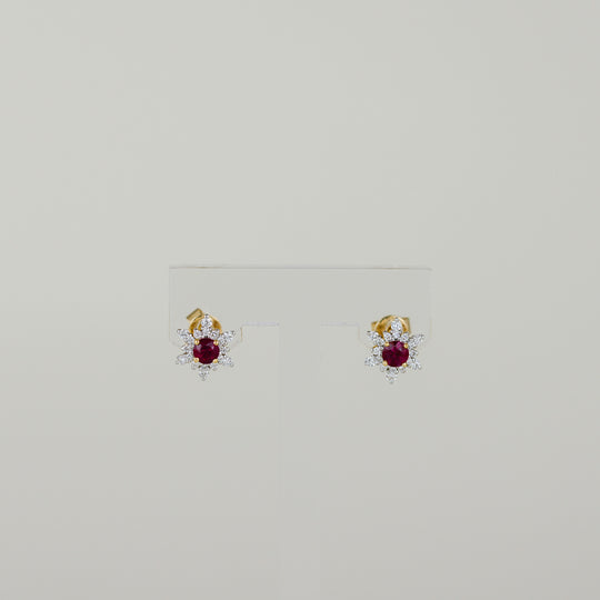18ct Yellow Gold 0.45ct Round Ruby and Diamond Floral Cluster Stud Earrings