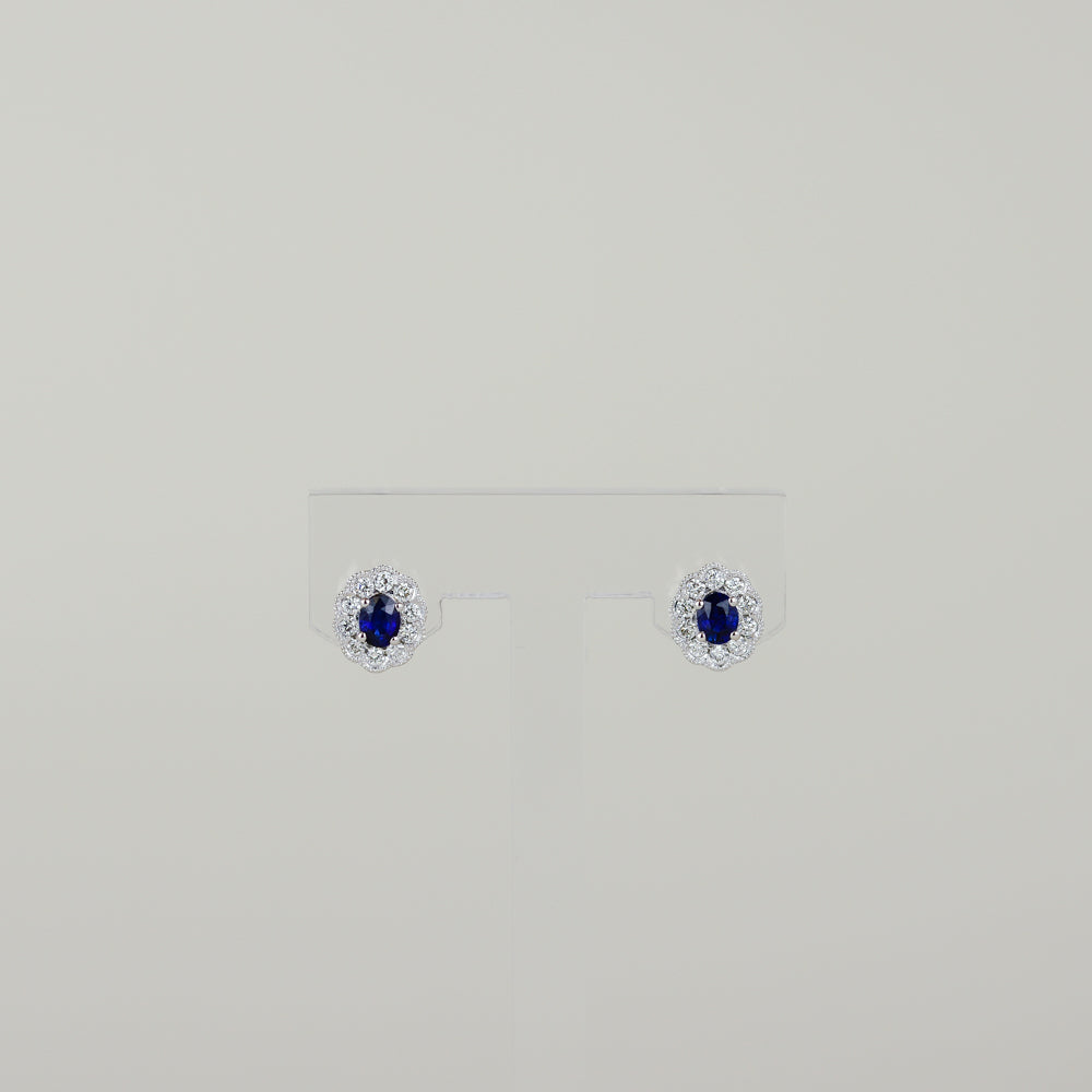 18ct White Gold 0.40ct Oval Sapphire and Diamond Cluster Stud Earrings