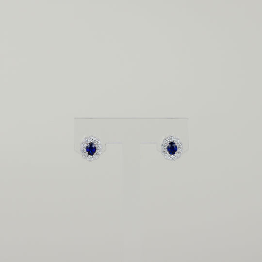 18ct White Gold 0.40ct Oval Sapphire and Diamond Cluster Stud Earrings