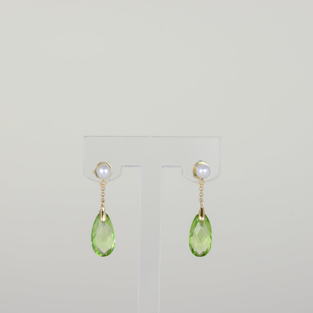 9ct Yellow Gold 4.37ct Pear Briolette Peridot and Pearl Drop Stud Earrings