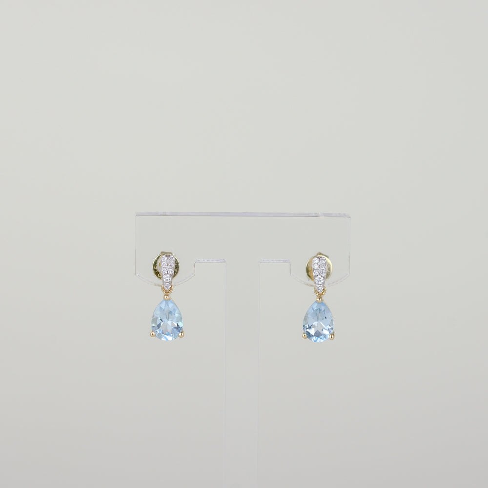9ct Yellow Gold 1.72ct Pear Cut Blue Topaz and Diamond Drop Earrings