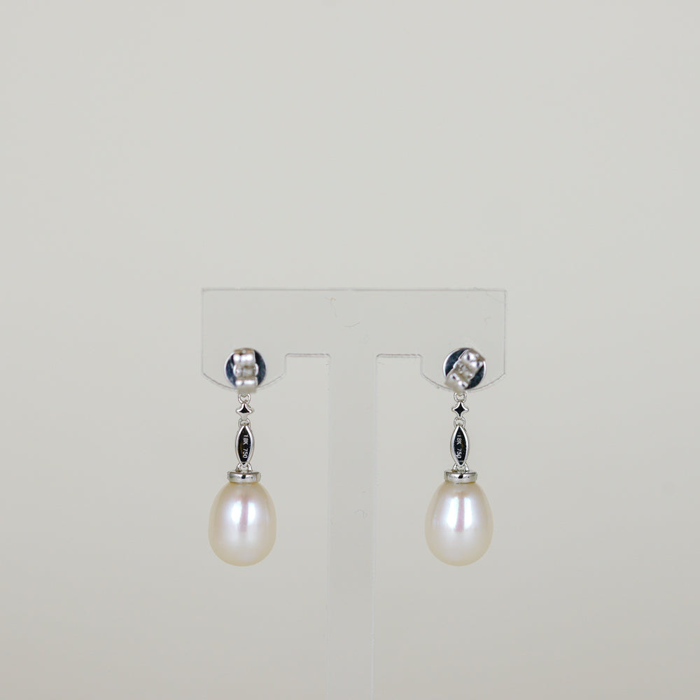 18ct White Gold Oval Freshwater Pearl and Diamond Drop Stud Earrings