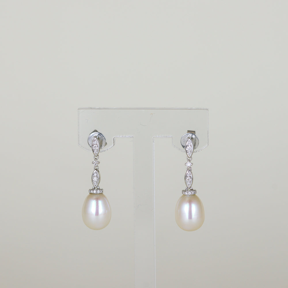 18ct White Gold Oval Freshwater Pearl and Diamond Drop Stud Earrings
