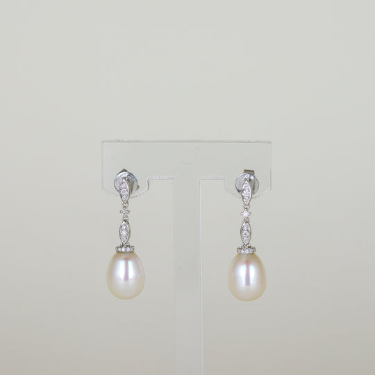 18ct White Gold Oval Freshwater Pearl and Diamond Drop Stud Earrings