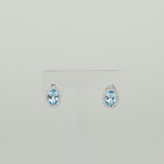 9ct White Gold 1.66ct Oval Blue Topaz and Diamond Halo Stud Earrings