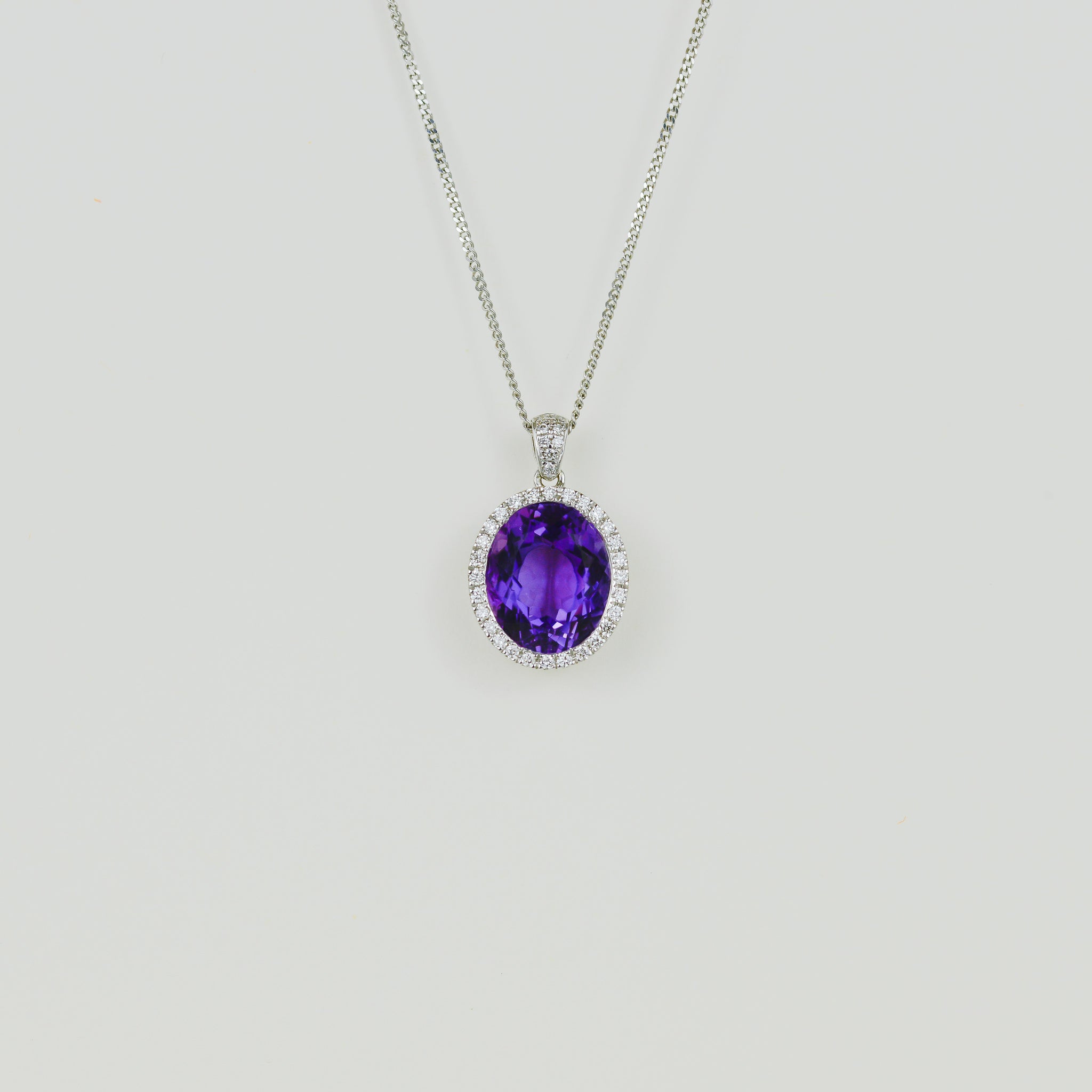 9ct White Gold 4.75ct Oval Amethyst and Diamond Pendant