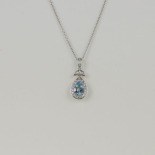 18ct White Gold 0.63ct Pear Aquamarine and Diamond Floral Pendant