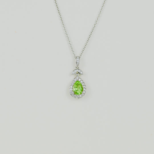 9ct White Gold 0.83ct Pear Peridot and Diamond Floral Pendant