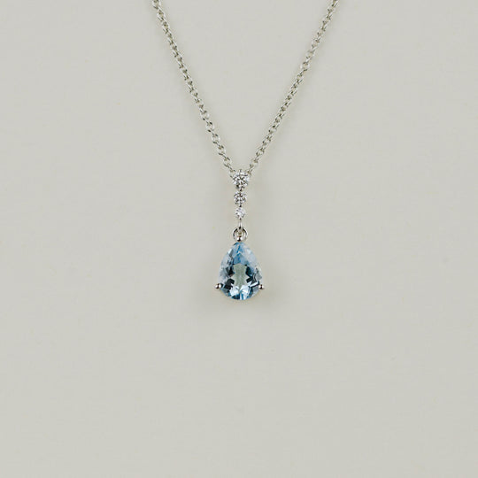 18ct White Gold 1.21ct Pear Cut Blue Topaz and Diamond Pendant