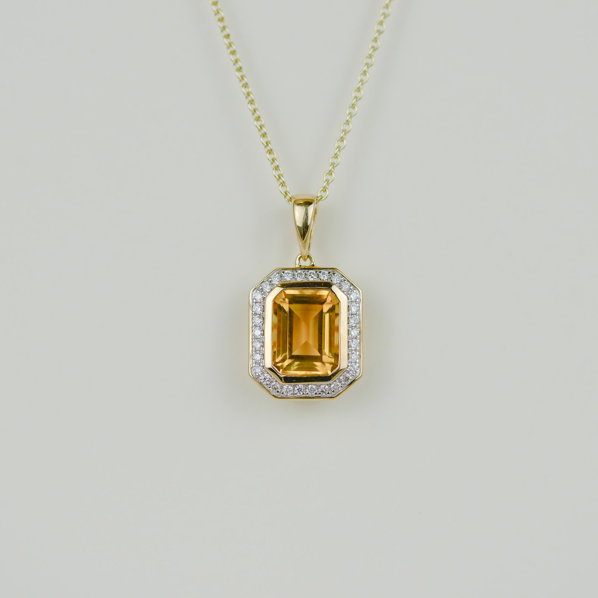 9ct Yellow Gold 2.45ct Emerald Cut Citrine and Diamond Art Deco Pendant