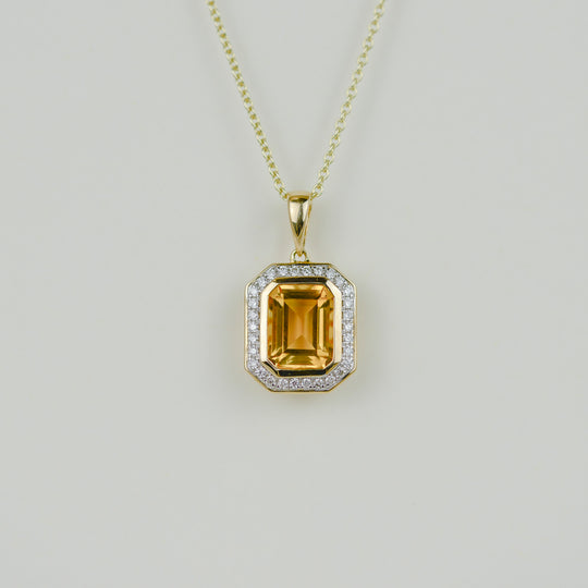 9ct Yellow Gold 2.05ct Emerald Cut Citrine and Diamond Art Deco Pendant