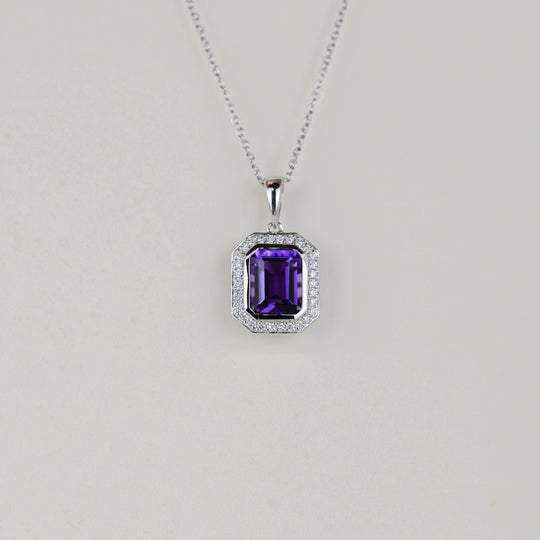 9ct White Gold 2.39ct Amethyst and Diamond Art Deco Pendant