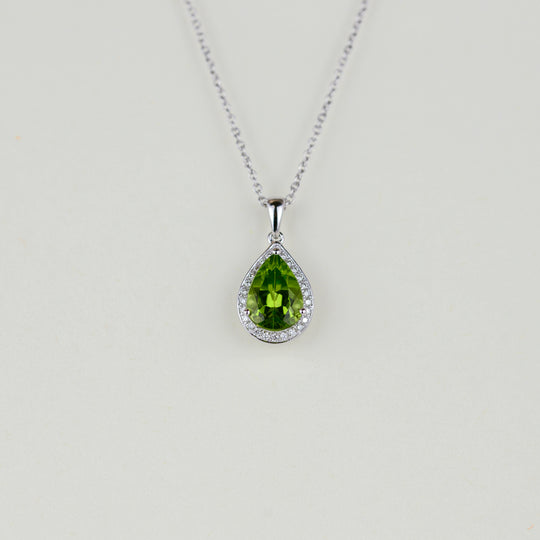 9ct White Gold 2.09ct Pear Cut Peridot and Diamond Cluster Pendant