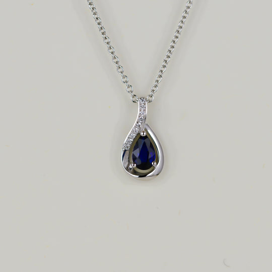 18ct White Gold 0.39ct Pear Cut Sapphire and Diamond Pendant