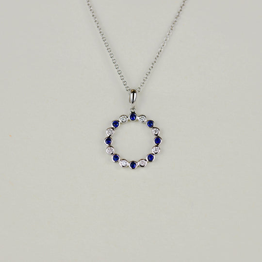 18ct White Gold 0.23ct Round Sapphire and Diamond Circle Pendant