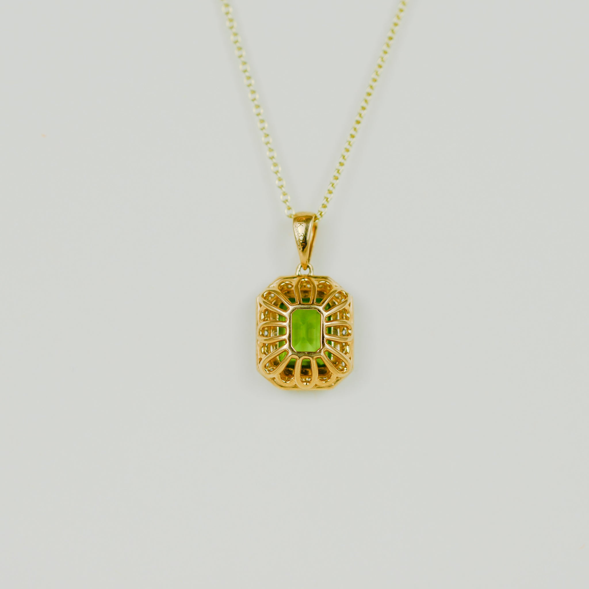 9ct Yellow Gold 2.14ct Emerald Cut Peridot and Diamond Art Deco Pendant