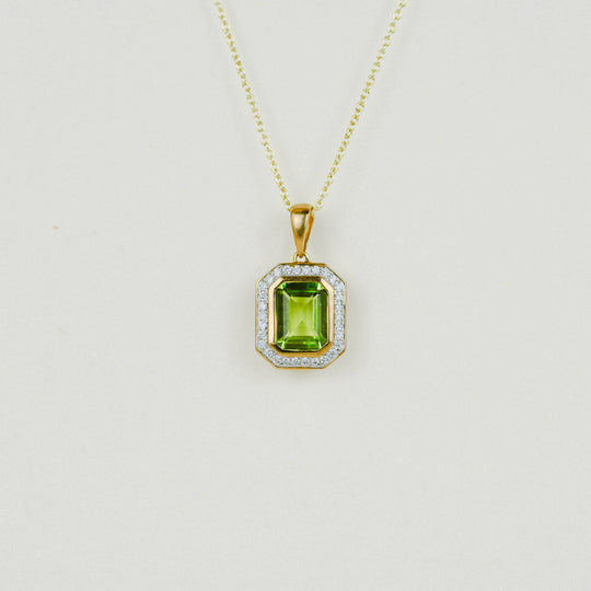9ct Yellow Gold 2.14ct Emerald Cut Peridot and Diamond Art Deco Pendant