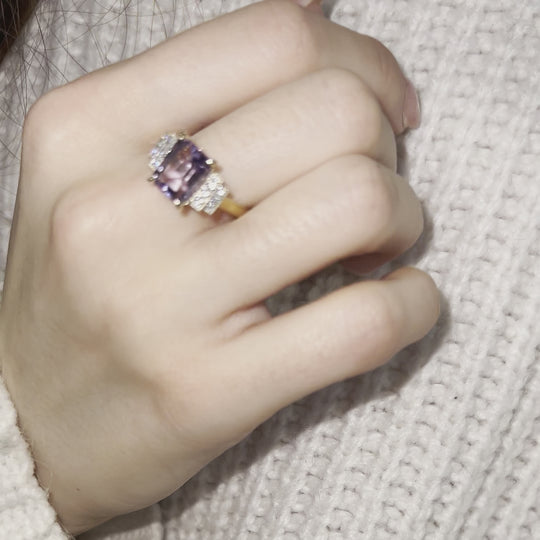 9ct Yellow Gold 1.99ct Emerald Cut Amethyst and Diamond Art Deco Ring