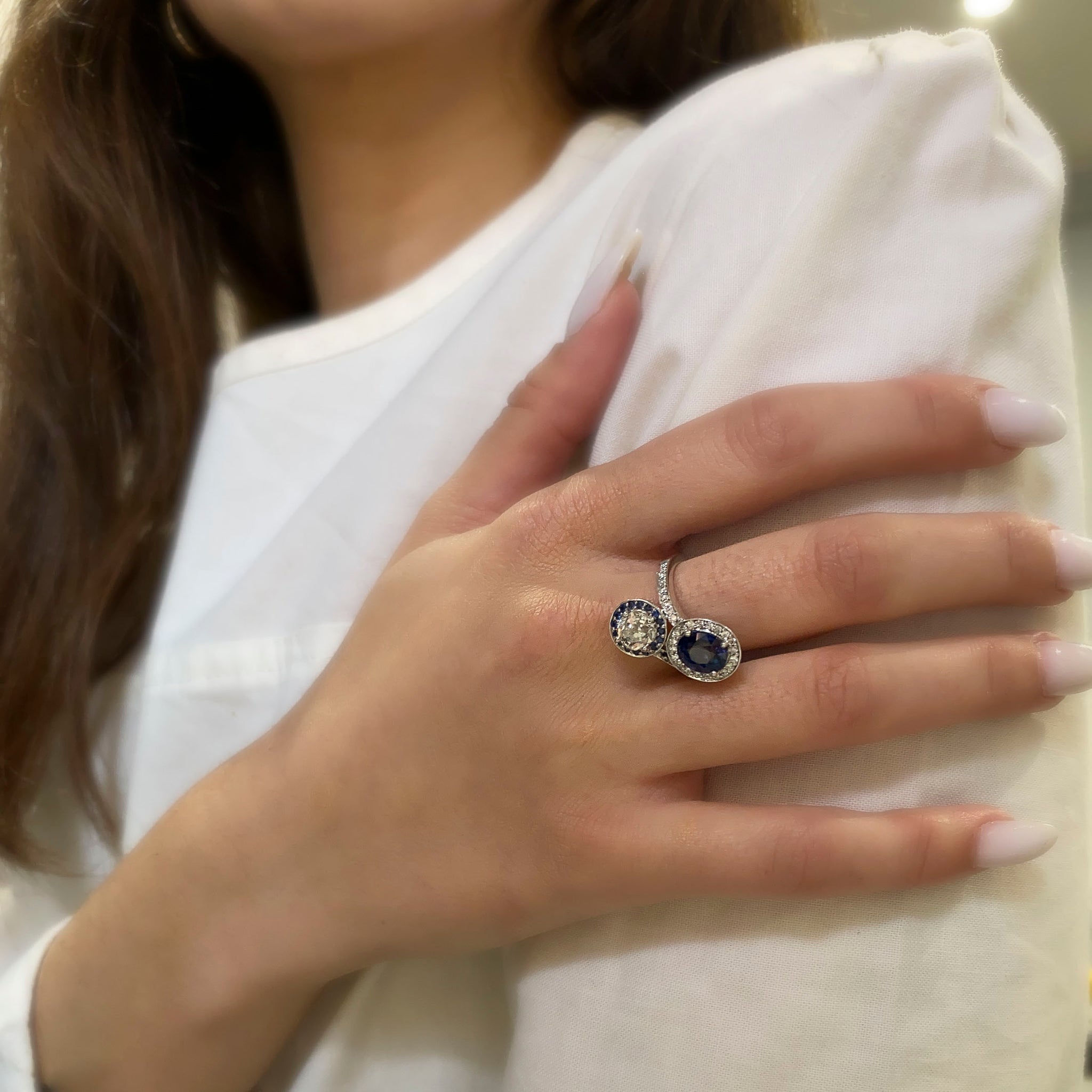 White Gold 18ct Oval Sapphire and Diamond Two Stone Ring