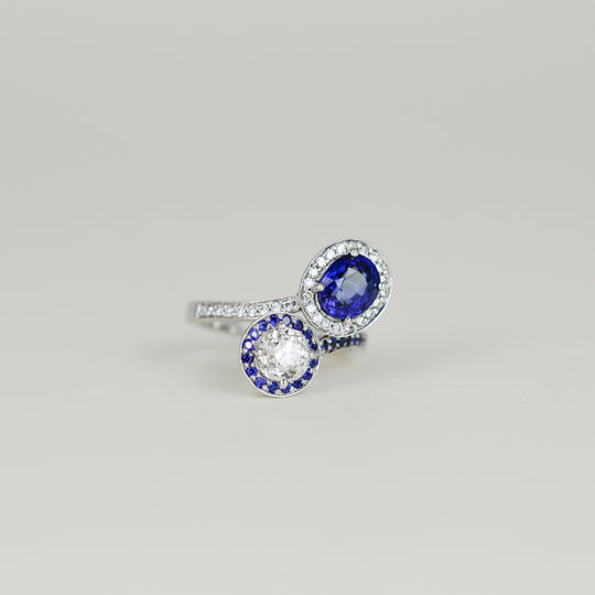 18ct White Gold 2.17ct Oval Sapphire and Diamond Two Stone Ring