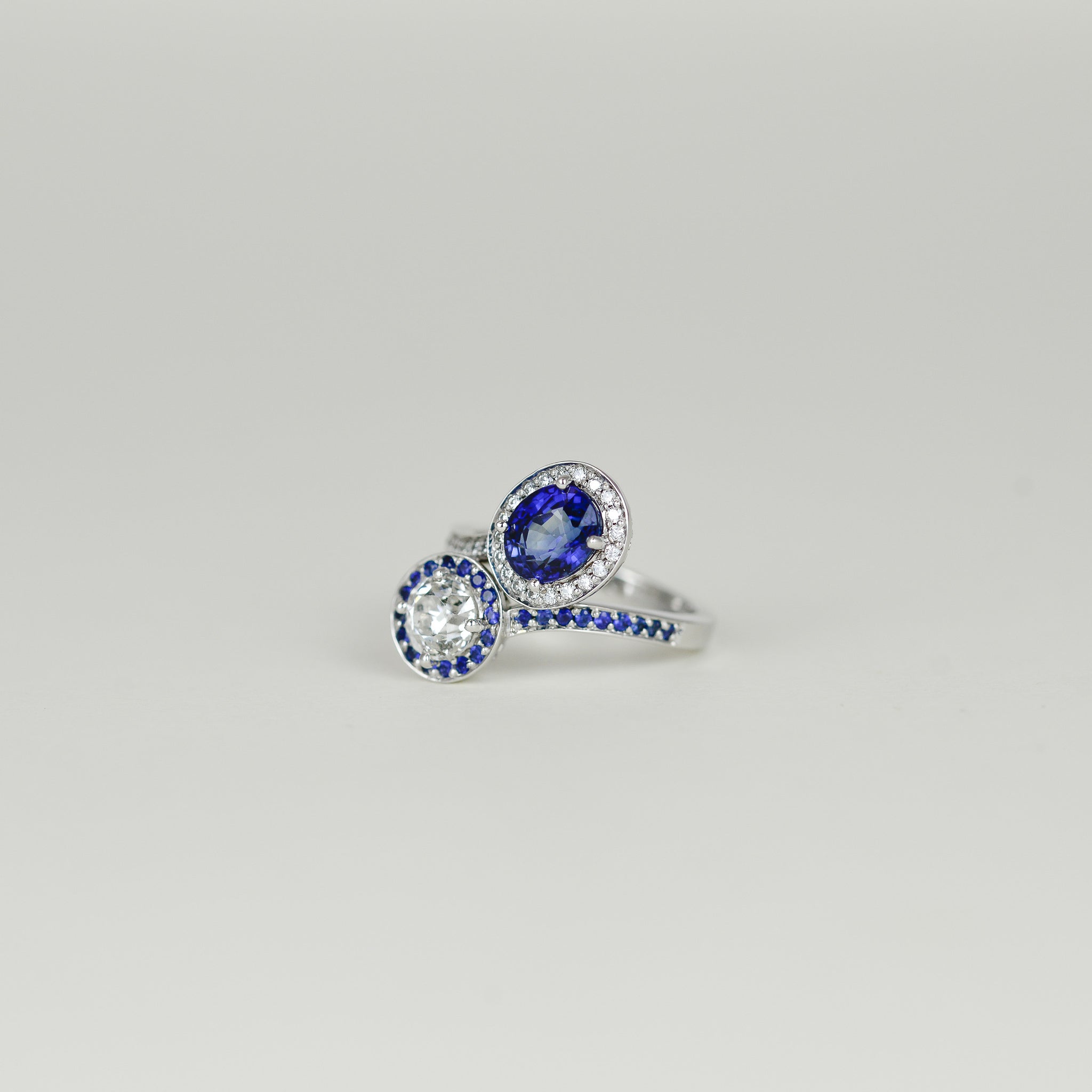 18ct White Gold 2.17ct Oval Sapphire and Diamond Two Stone Ring