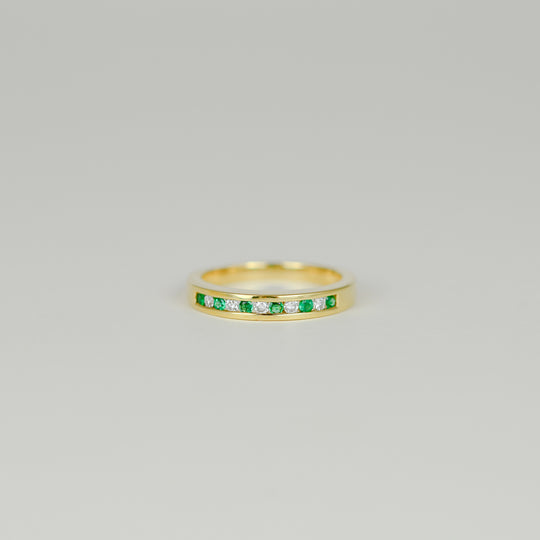 18ct Yellow Gold 0.12ct Rub Set Emerald and Diamond Half Eternity Ring