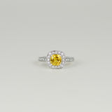 18ct White Gold 1.23ct Cushion Cut Yellow Sapphire and Diamond Cluster Ring