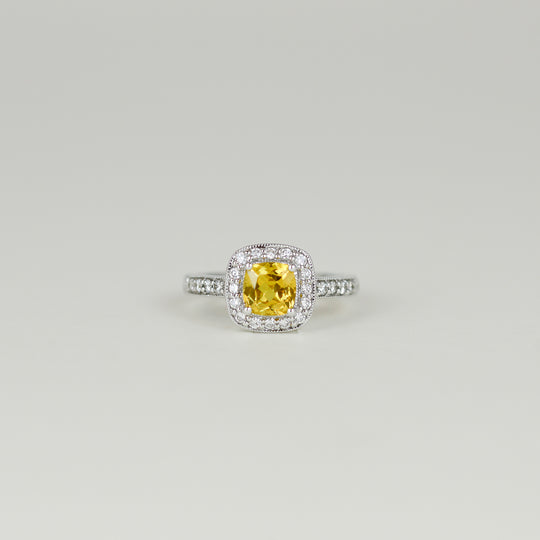 18ct White Gold 1.23ct Cushion Cut Yellow Sapphire and Diamond Cluster Ring