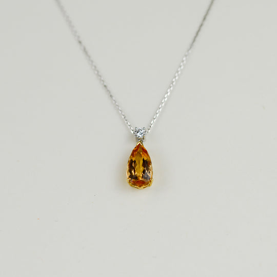18ct Yellow & White Gold 4.61ct Pear Cut Imperial Topaz and 0.16ct Diamond Pendant