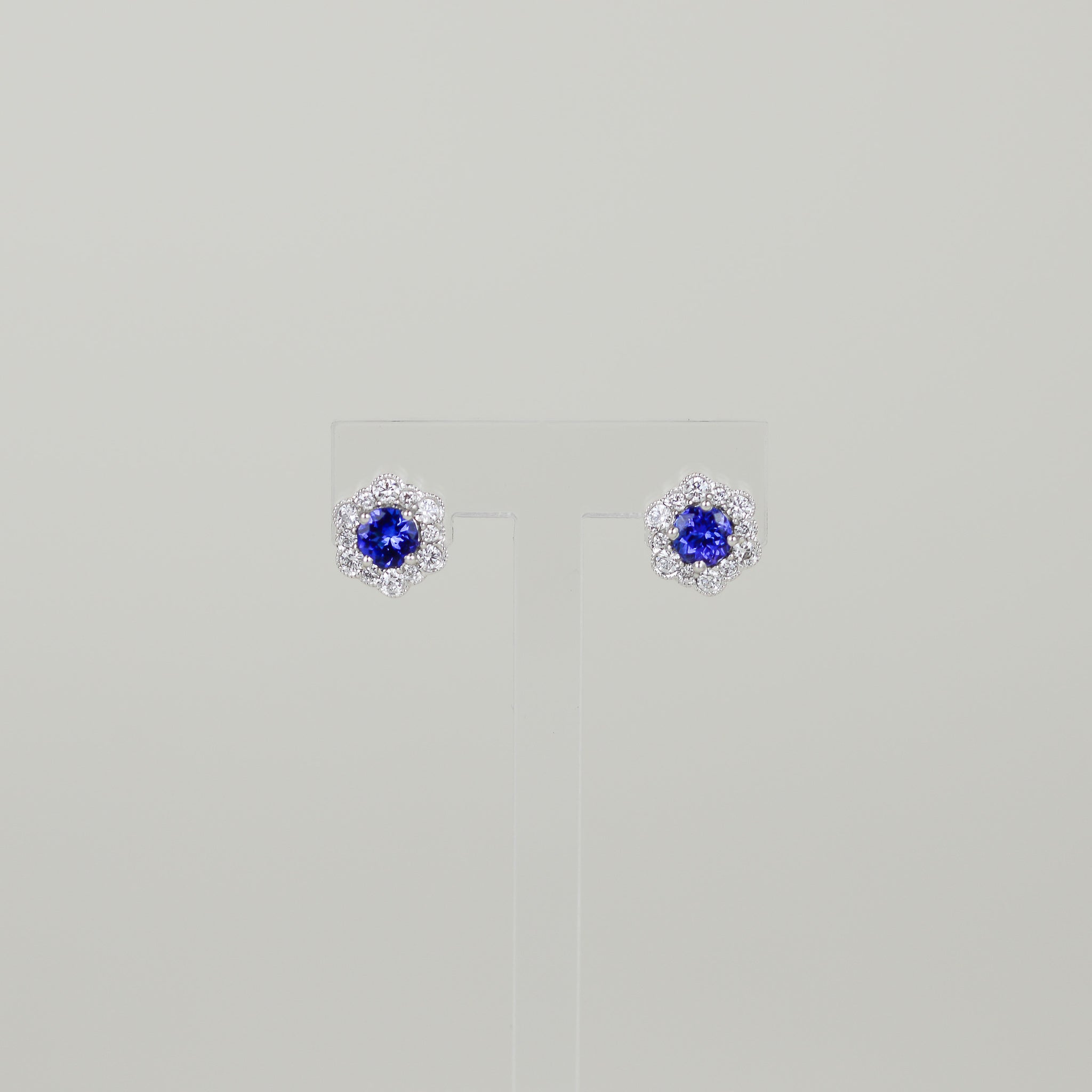 18ct White Gold 0.95ct Round Tanzanite and Diamond Cluster Stud Earrings